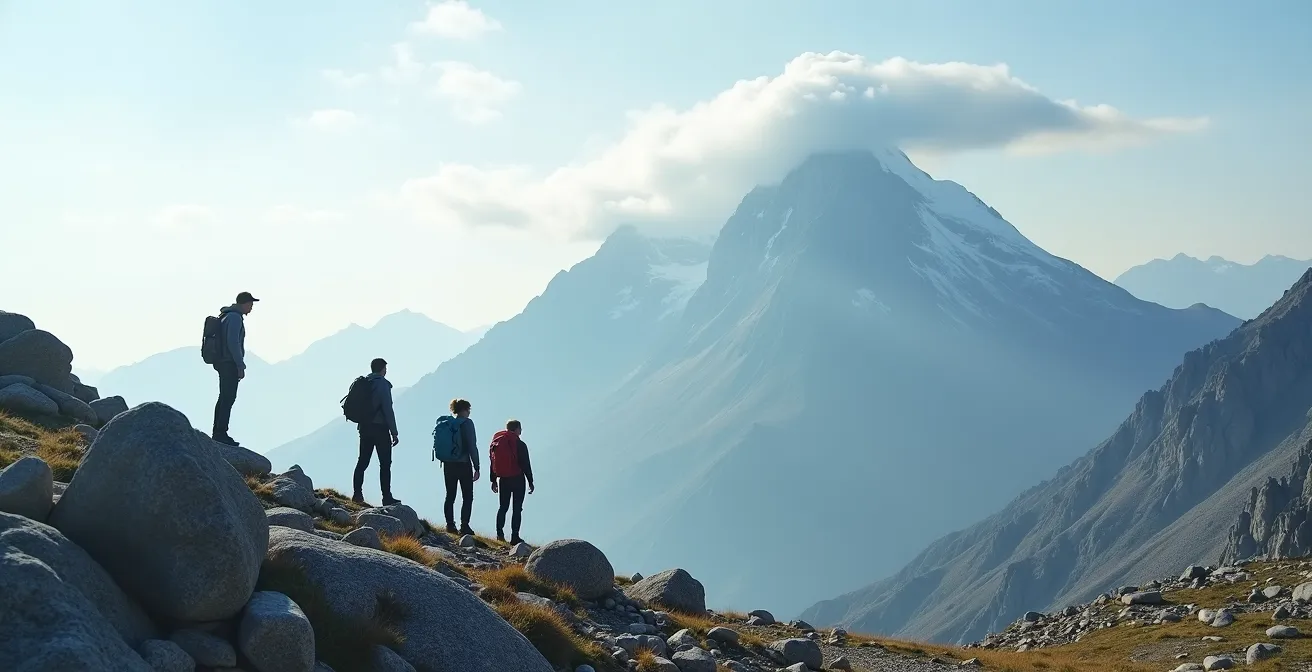 A business team at the base of a huge mountain, looking up at a distant peak, illustrating the gap between ambition and capability.