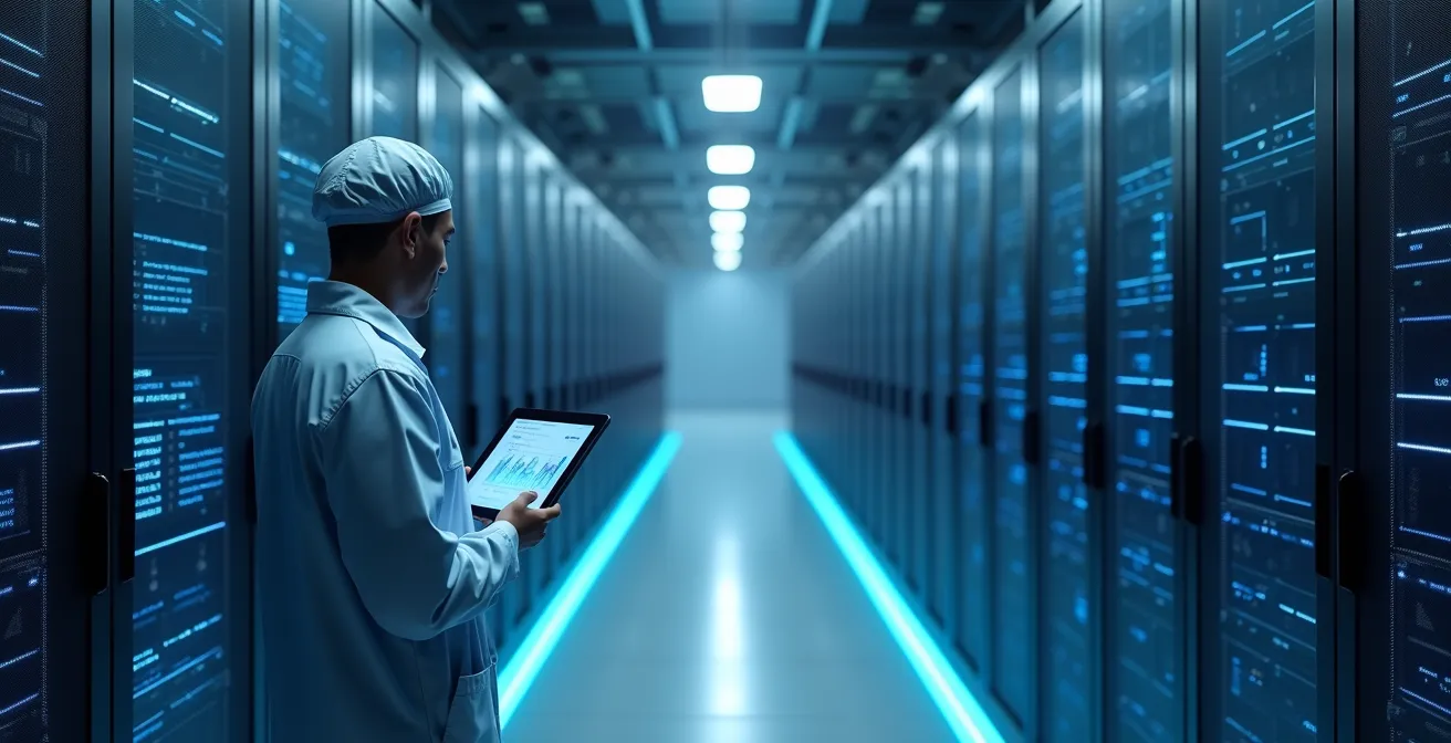 Wide aerial view of modern data center with parallel operations running smoothly