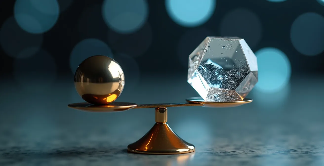 Macro shot of balanced metal scales with crystalline weights