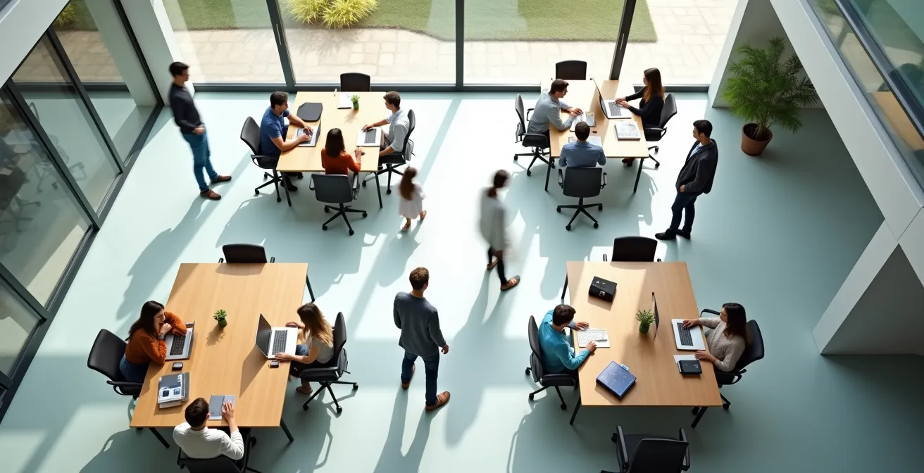 Multiple department teams working together in shared collaborative space