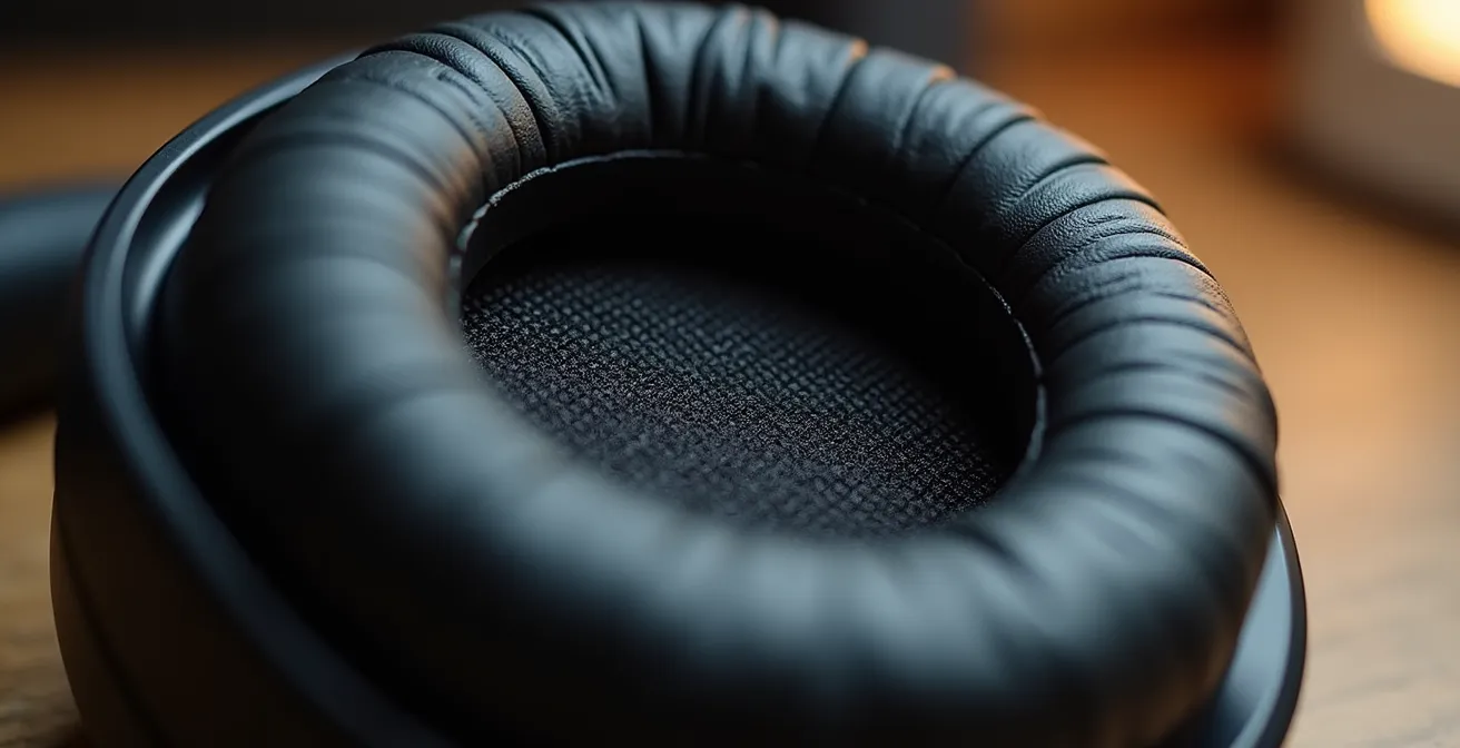 Macro photograph of noise-cancelling headphones symbolizing focused work environment