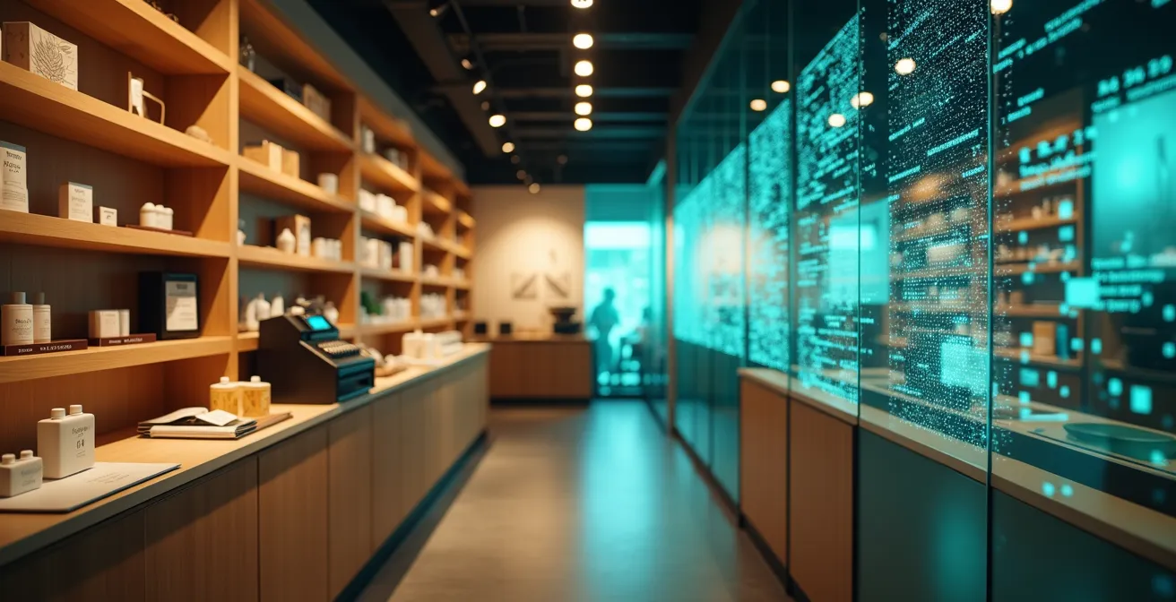 Split view showing physical store interior transitioning to digital presence with virtual elements