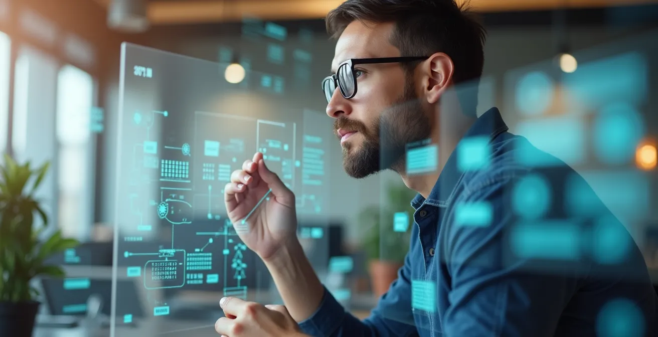 Professional analyzing feedback data patterns on multiple transparent surfaces showing market evolution