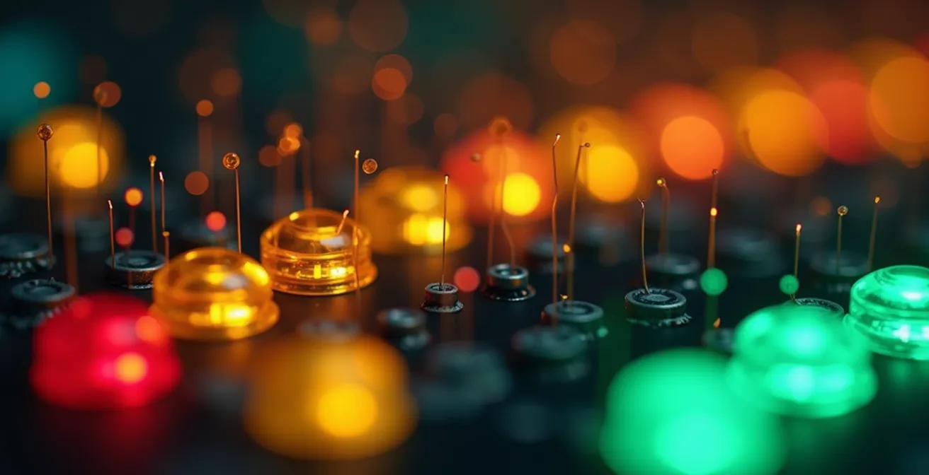 Extreme close-up of dashboard interface elements showing traffic light indicators