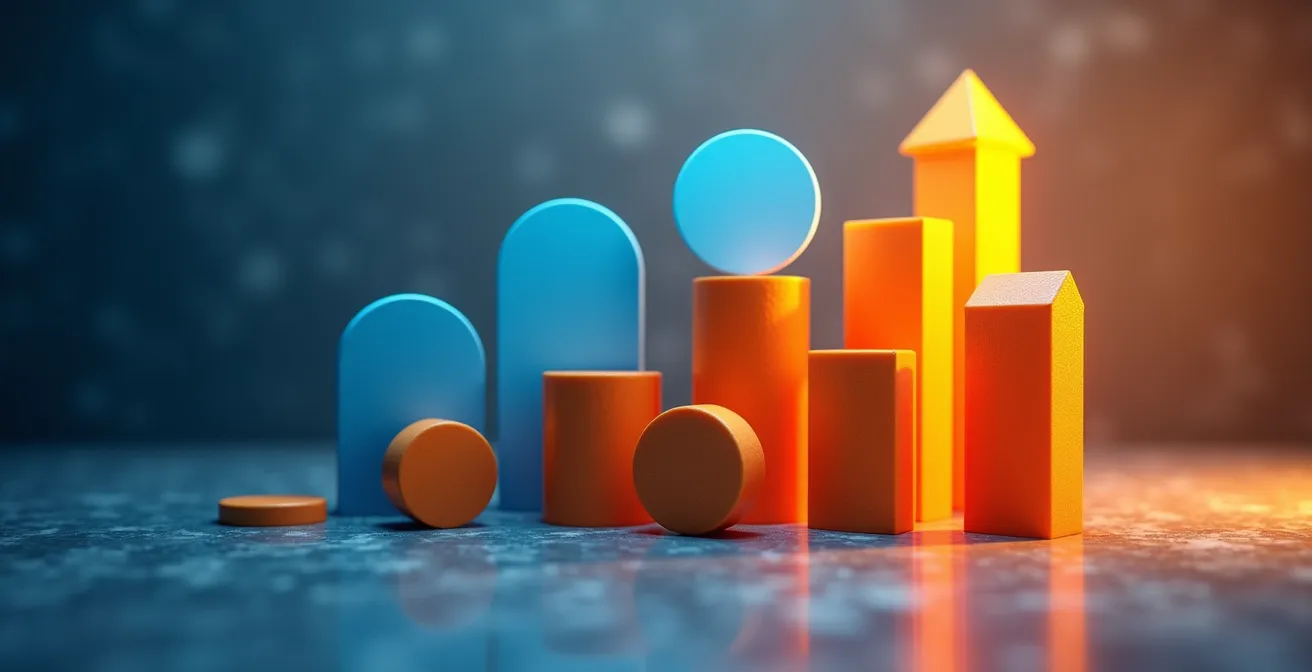 Abstract visualization of productivity metrics with flowing data patterns and minimal geometric shapes