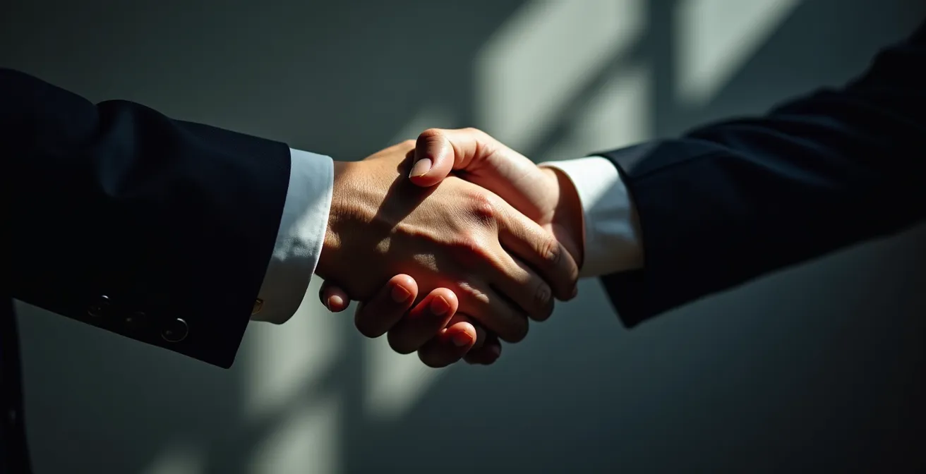 Symbolic representation of a business handshake with a contrasting shadow, symbolizing the hidden risks of verbal agreements.