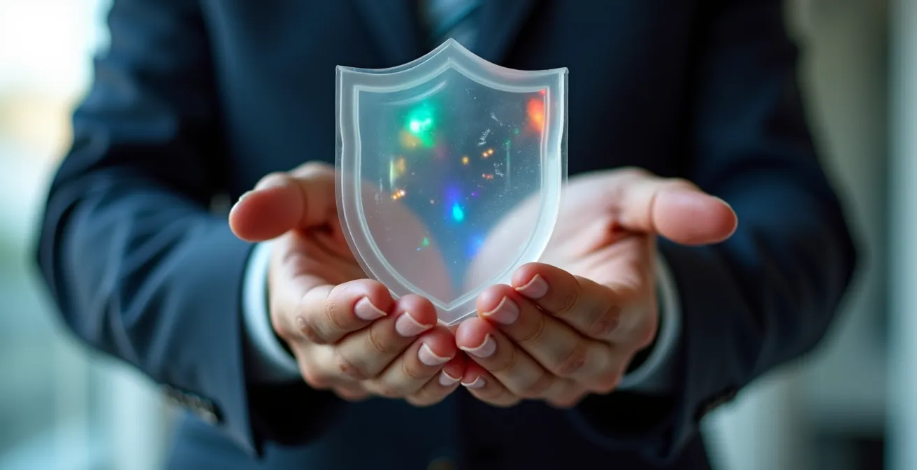 Close-up of hands holding a translucent protective shield with abstract patterns