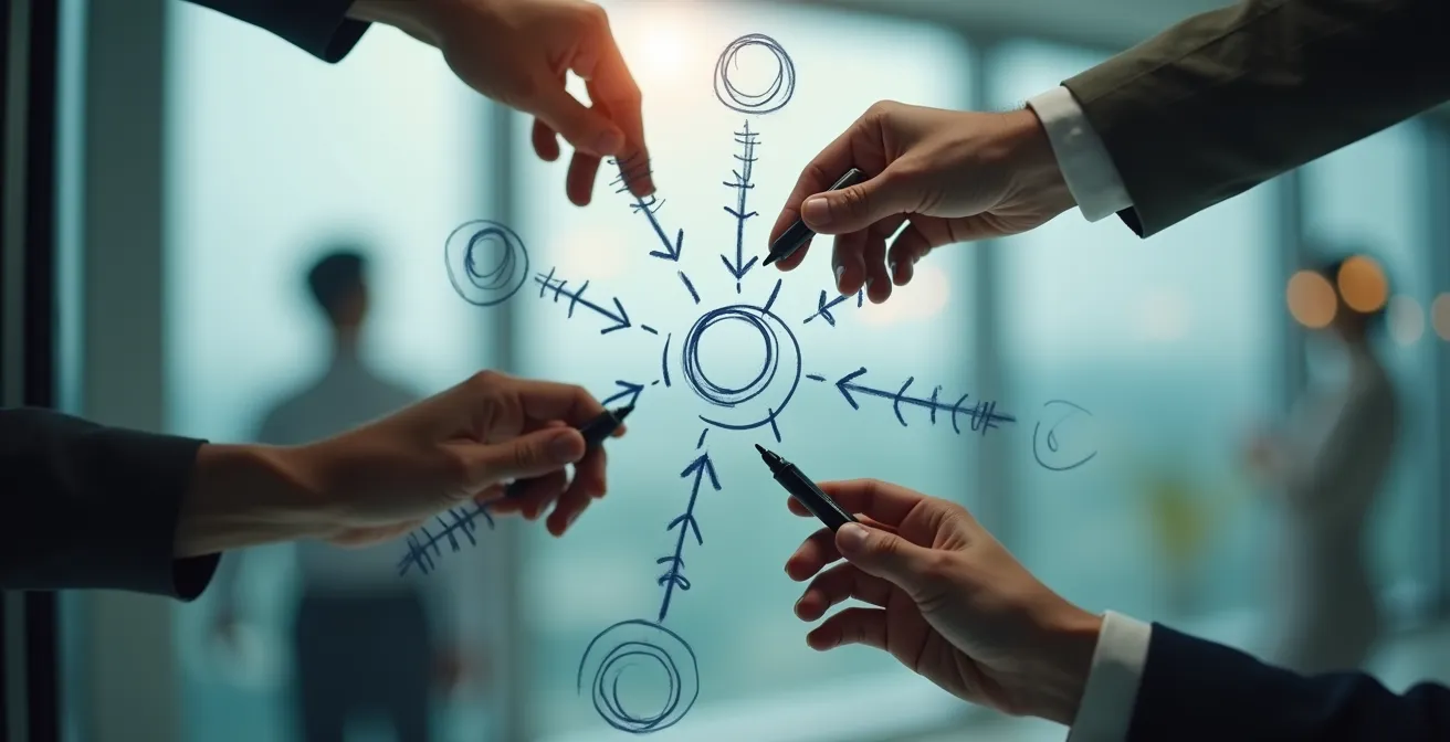 Close-up of hands mapping KPI connections on transparent surface