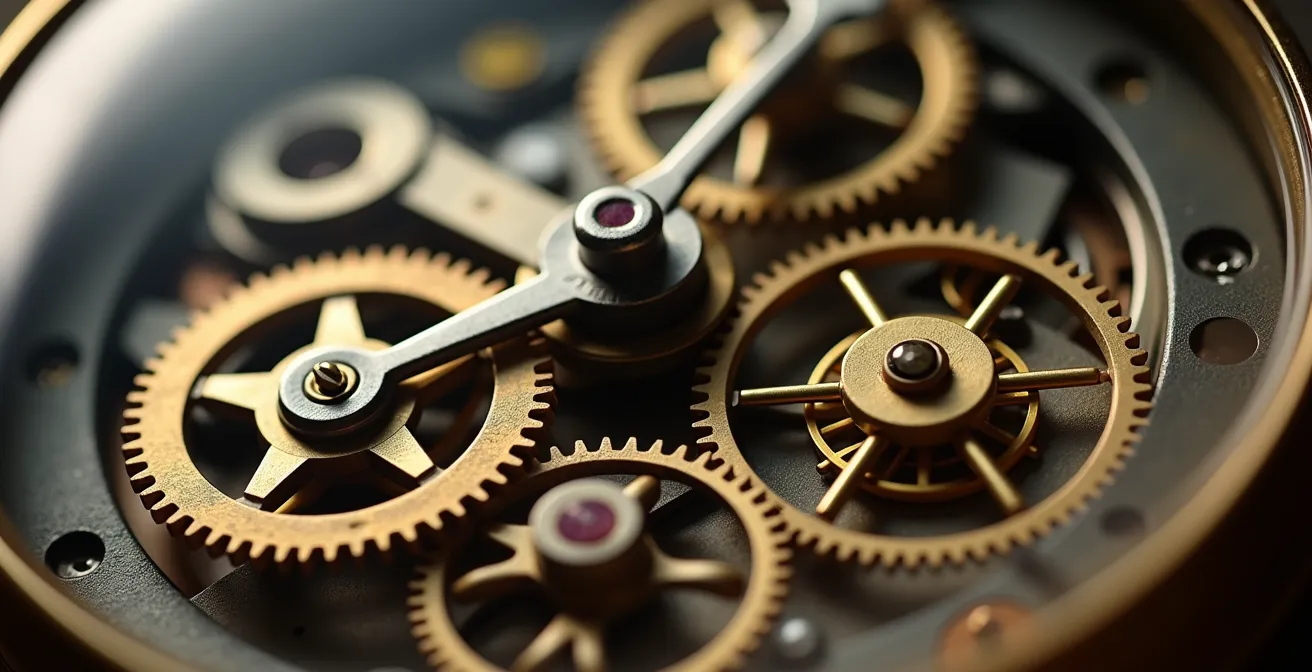 Close-up macro shot of clock mechanism with selective focus showing time fragments