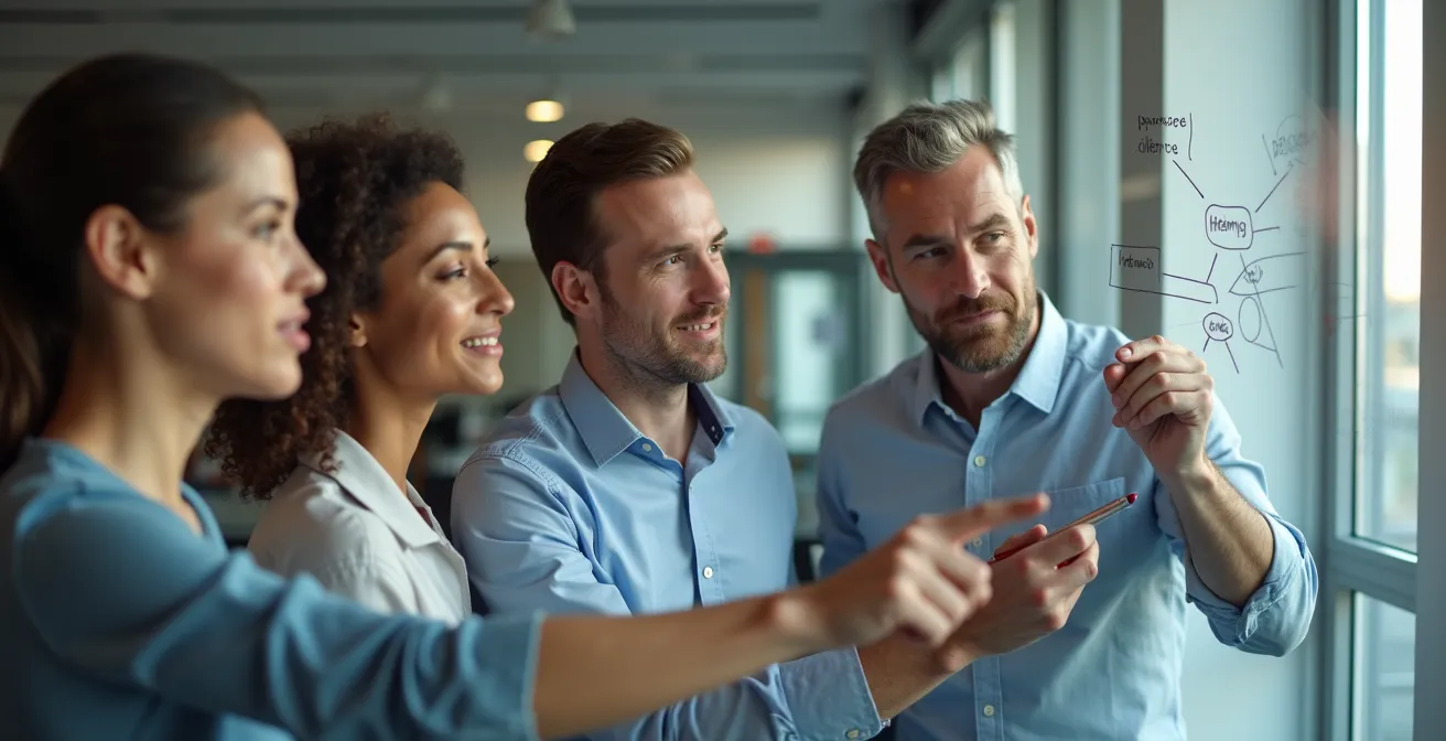 Team members collaborating around a simple flowchart on a transparent board