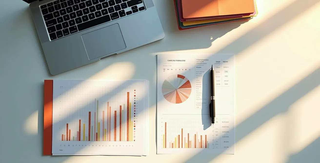 Overhead view of an organized desk with a laptop and neatly stacked financial documents, symbolizing efficient loan preparation.