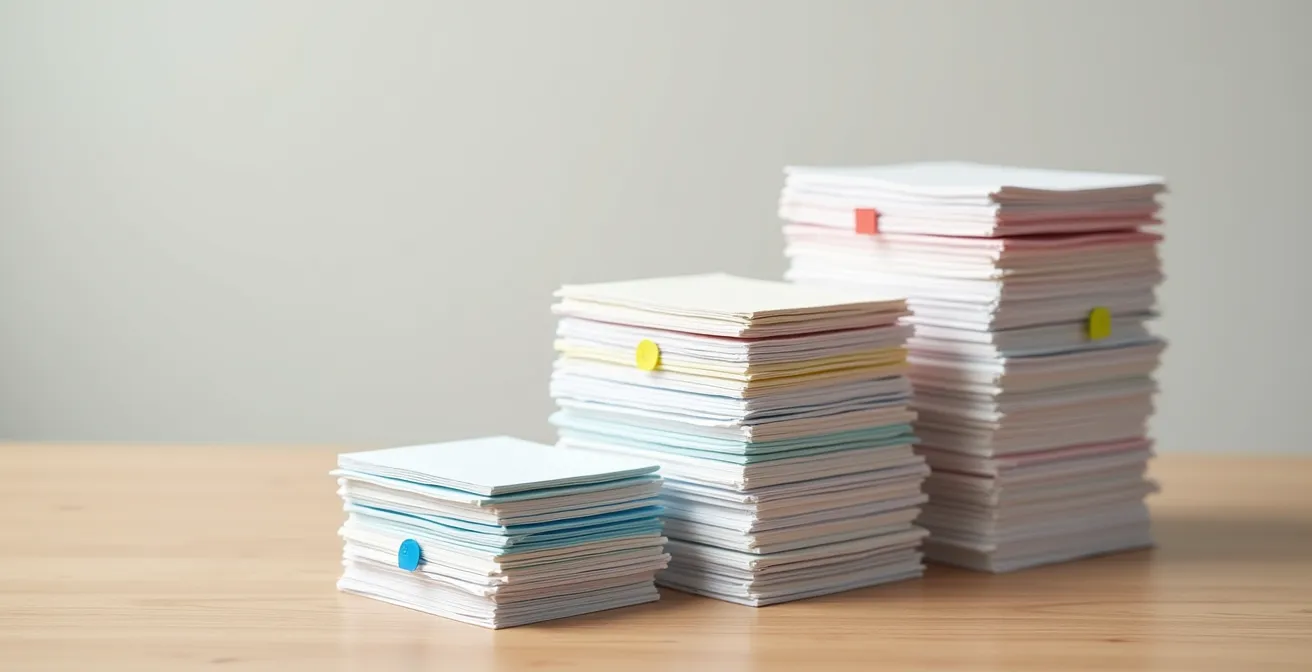 Organized desk with structured paperwork showing progression stages