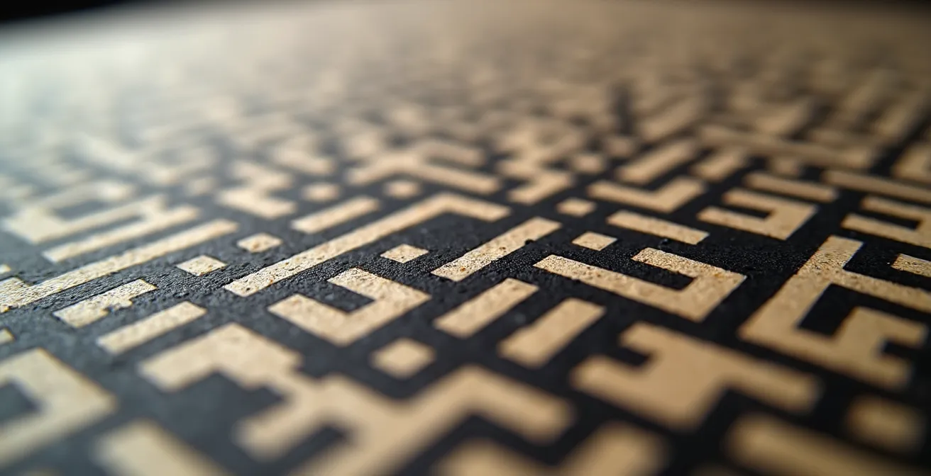 Extreme close-up of QR-like pattern bridging physical and digital realms