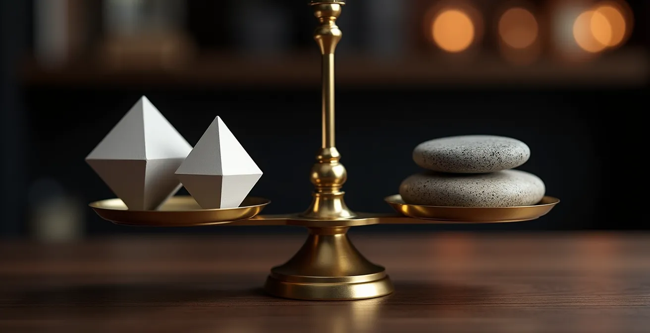 Abstract representation of startup valuation with a symbolic balance scale weighing potential against value