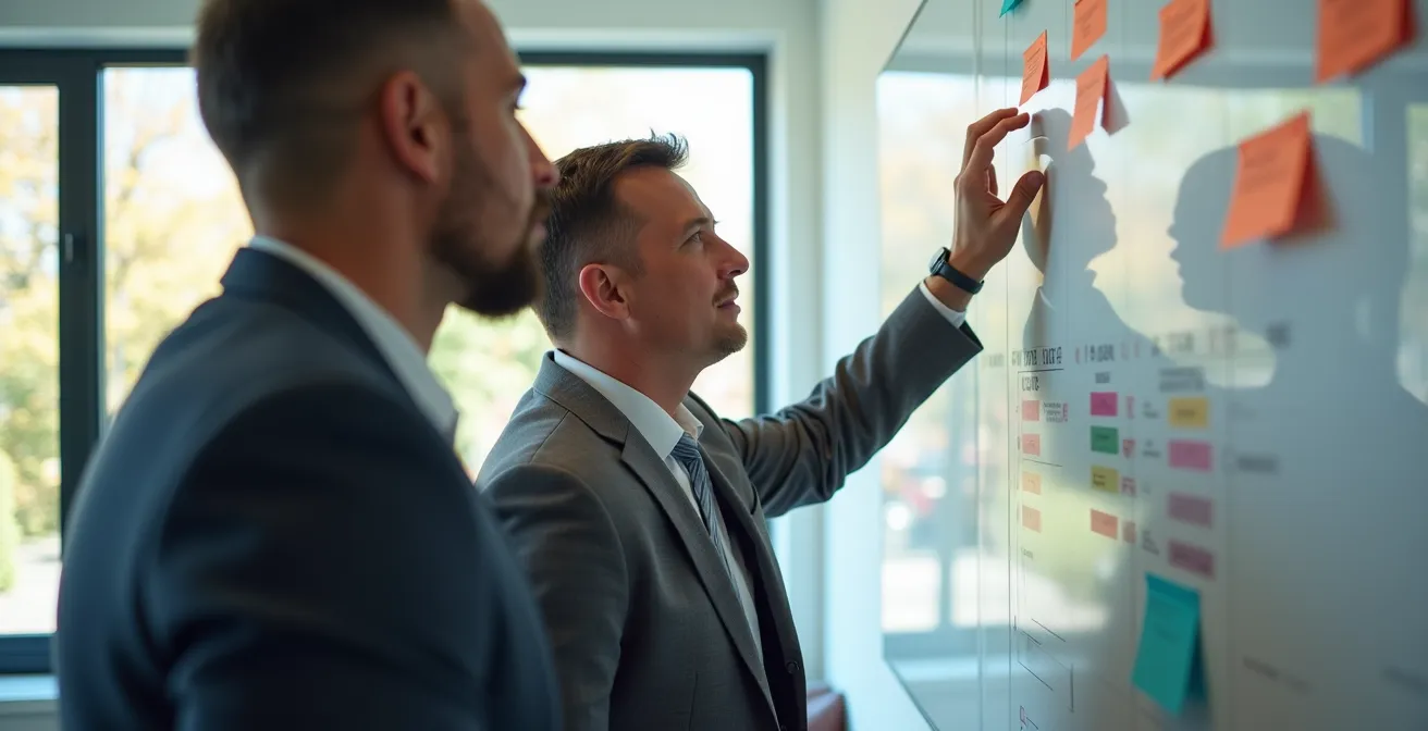 Executive team reviewing a physical kanban board with campaign metrics and customer feedback visuals