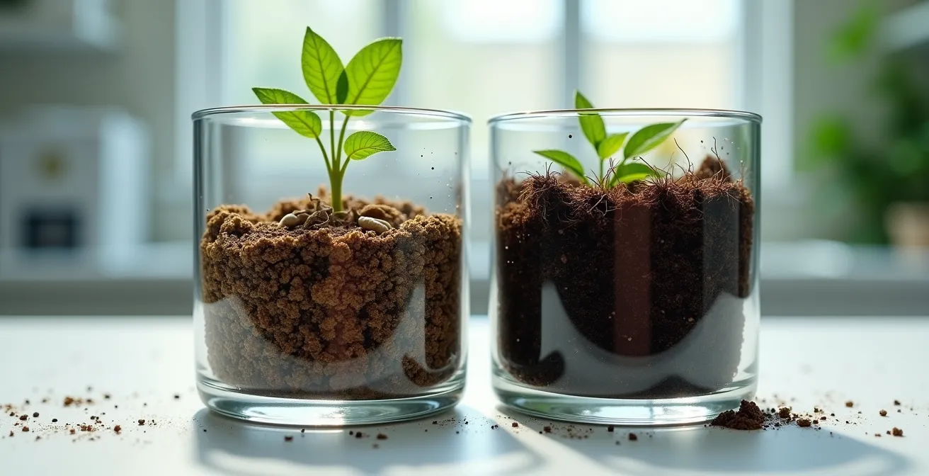 Side-by-side comparison of two soil samples; one is depleted and compacted, the other is rich, dark, and full of organic matter.
