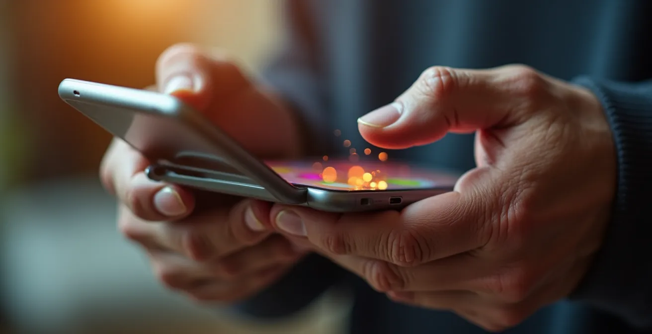 Close-up of hands holding smartphone showing celebratory visual feedback