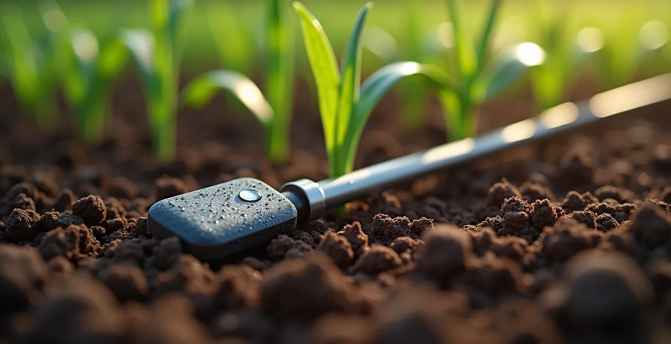 Close-up macro view of a soil moisture sensor probe embedded in dark, moist soil with water droplets visible.