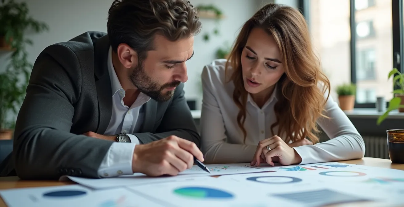 Executive team reviewing strategic roadmap with data visualizations