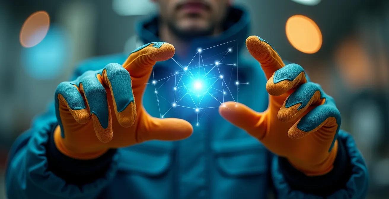 Close-up of hands interacting with virtual gamified training interface