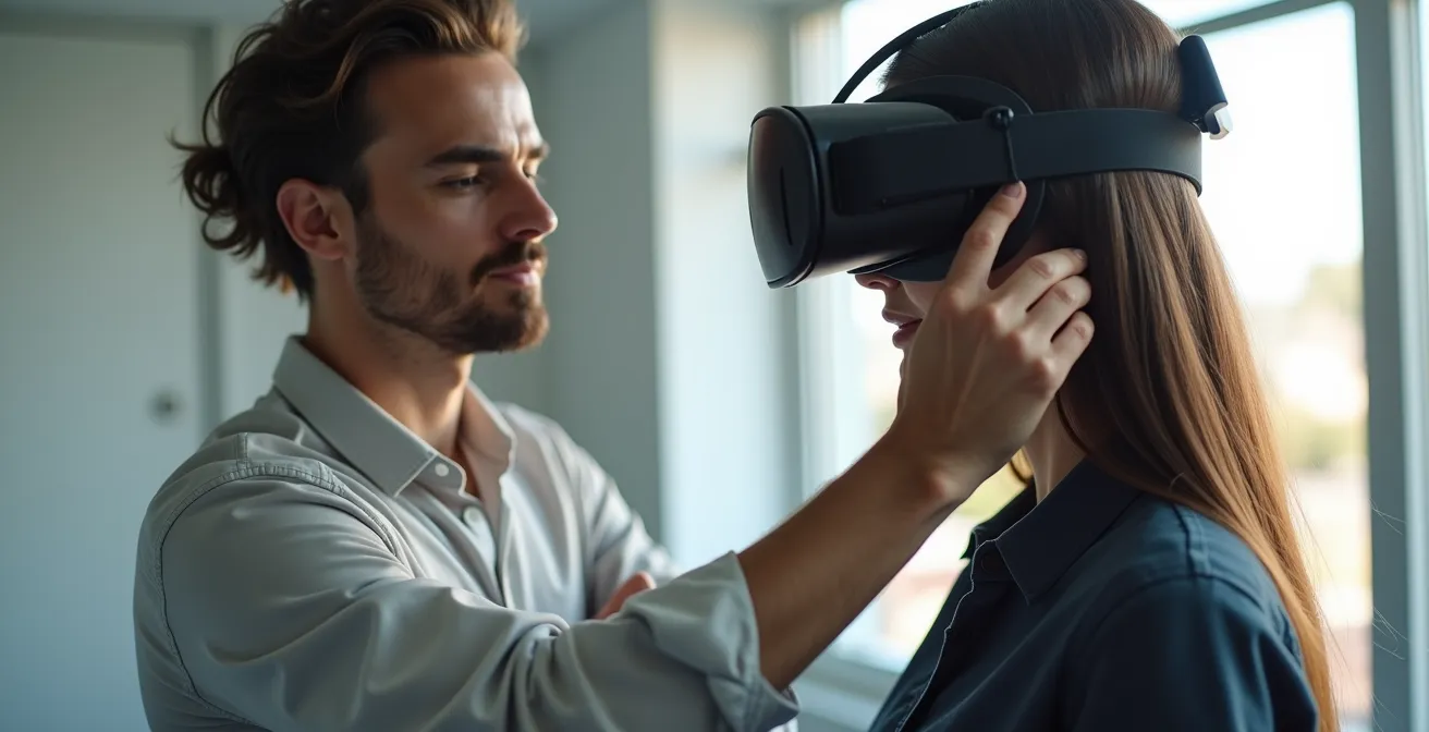 Profile view of person adjusting VR headset straps for comfort
